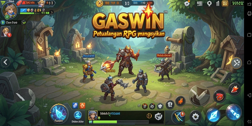 Tangkapan layar utama GASWIN menampilkan pertempuran epik dalam dunia RPG.