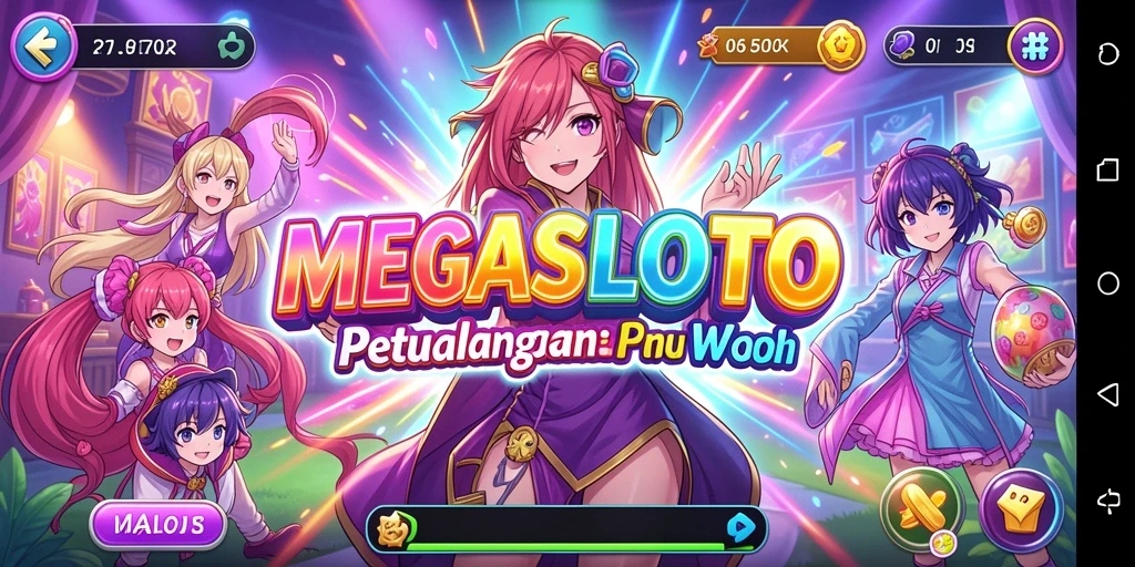 Tampilan gameplay MEGASLOTO yang penuh aksi dan karakter anime.
