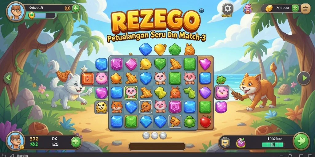 Screenshot gameplay REZEGO menampilkan momen seru mencocokkan item.