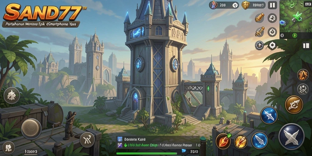 Tampilan gameplay SAND77 menampilkan aksi Tower Defense yang menegangkan.