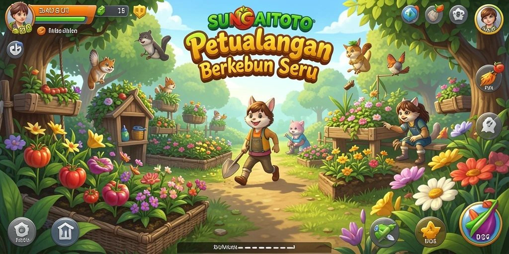 Tampilan gameplay menyenangkan dalam SUNGAITOTO yang menunjukkan kebun yang subur.